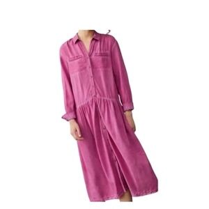 Pilcro Anthropologie Magenta Pink Drop Waist Button Front Midi Shirt Dress M